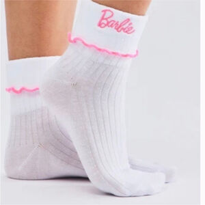 BARBIE Socks & KEYCHAIN SET socks white w/pink trim lettuce edge shoe size 4-10